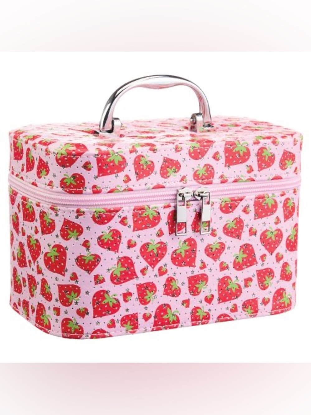 Pink Strawberry Print Train Case Cosmetic Bag